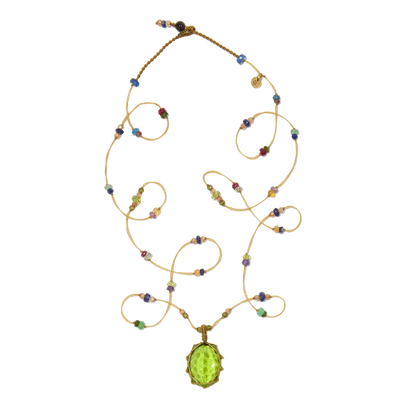 Short Tibetan Necklace - Indian Glass Peridot - Rose Tourmaline Mix - Tobacco Thread