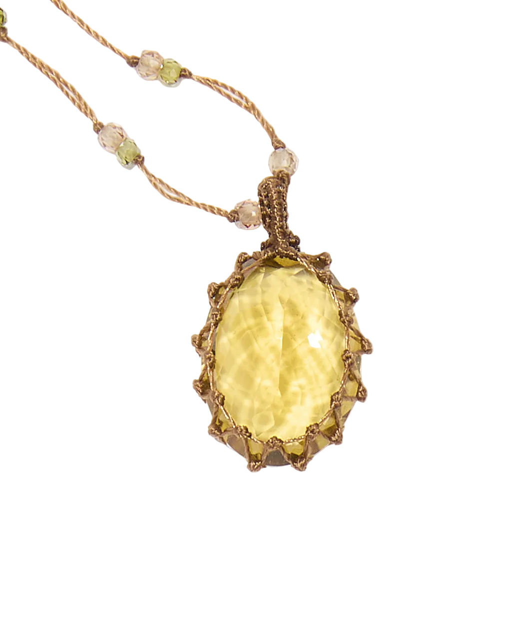 Collier court tibétain - Honey Quartz  - Mix Emeraude - Fil Tabac