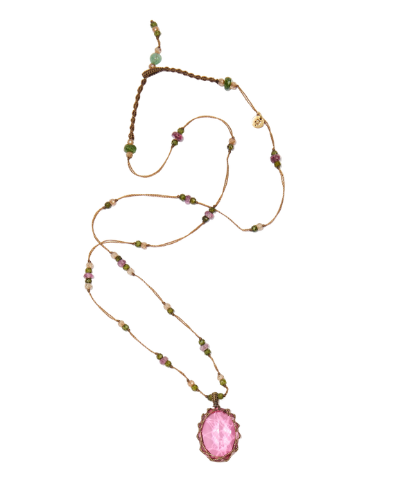 Collier court tibétain - Dublet Rubellite - Mix Tourmaline Rose - Fil Beige