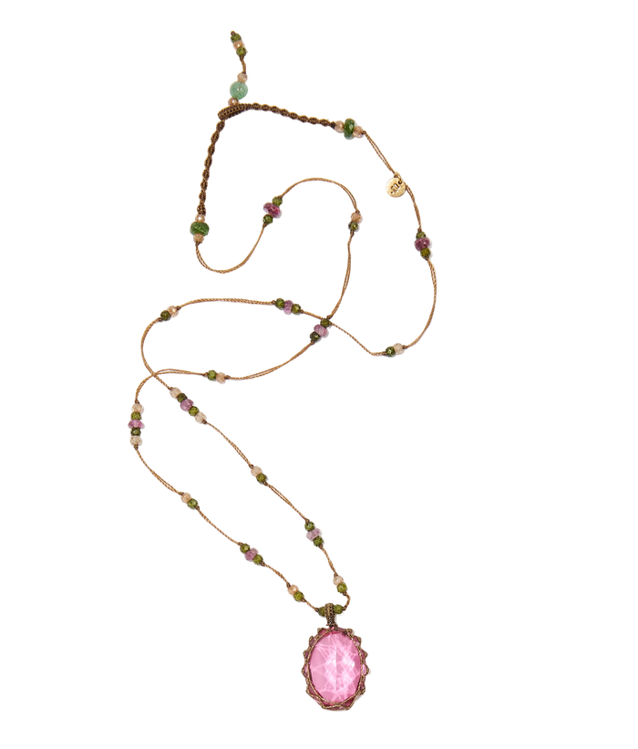 Collier court tibétain - Dublet Rubellite - Mix Tourmaline Rose - Fil Beige