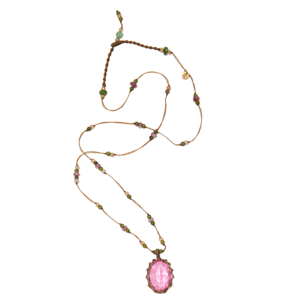 Collier court tibétain - Dublet Rubellite - Mix Tourmaline Rose - Fil Tabac