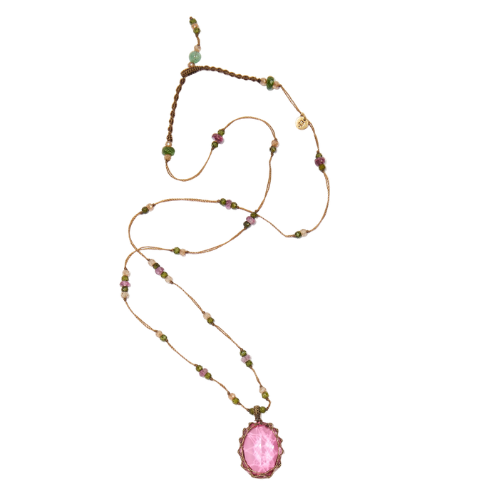 Collier court tibétain - Dublet Rubellite - Mix Tourmaline Rose - Fil Tabac