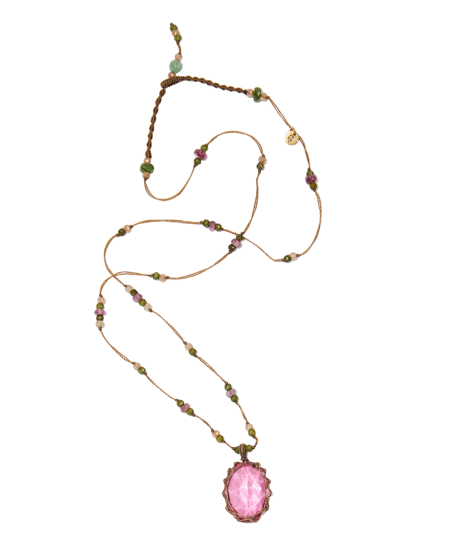 Collier court tibétain - Dublet Rubellite - Mix Tourmaline Rose - Fil Beige