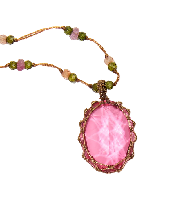 Collier court tibétain - Dublet Rubellite - Mix Tourmaline Rose - Fil Tabac
