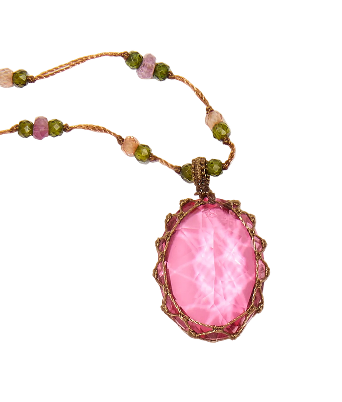 Collier court tibétain - Dublet Rubellite - Mix Tourmaline Rose - Fil Tabac