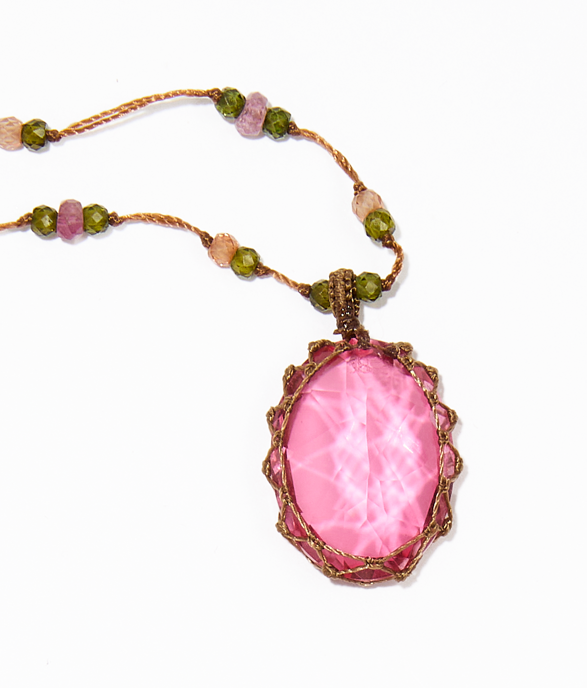 Collier court tibétain - Dublet Rubellite - Mix Tourmaline Rose - Fil Beige