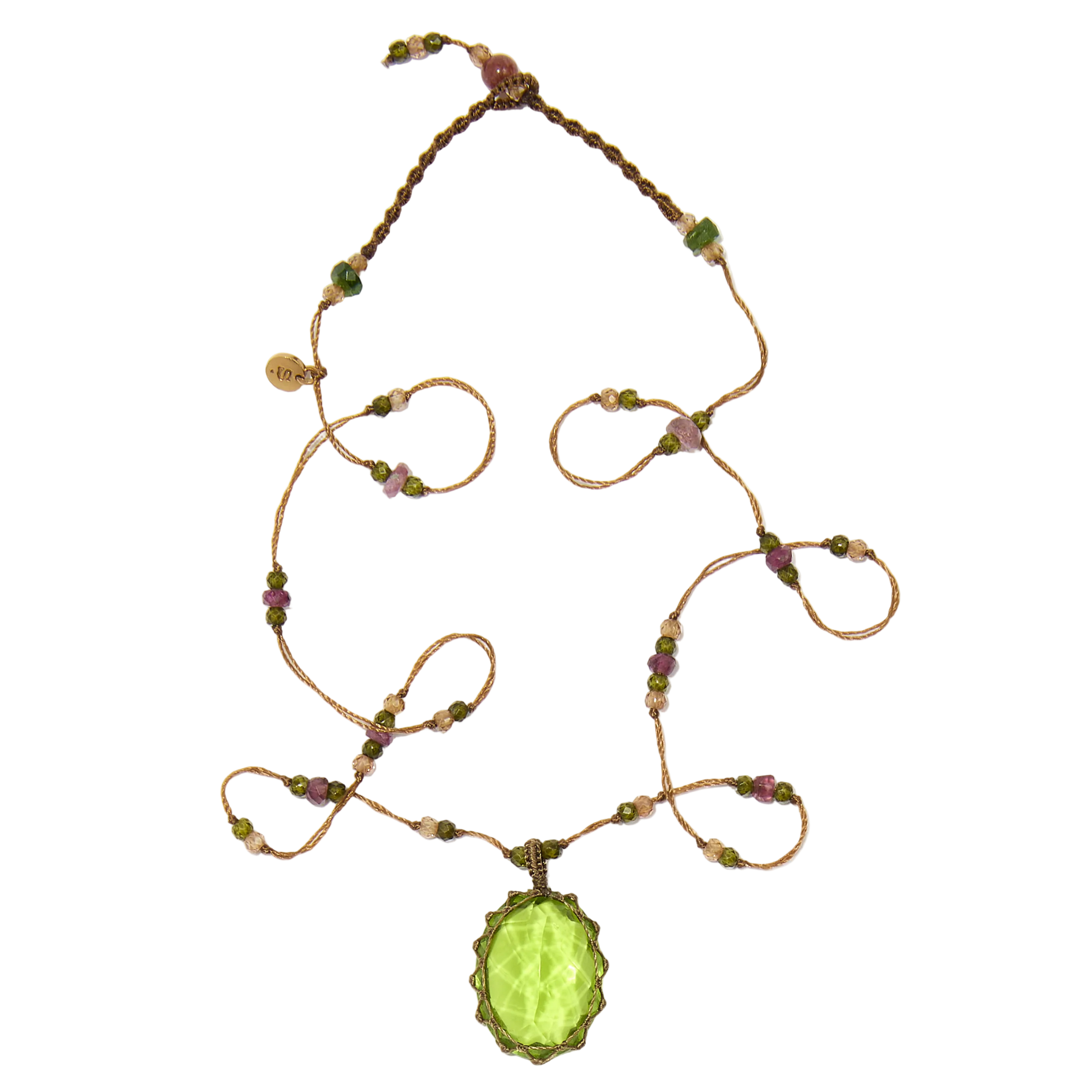 Collier court tibétain - Indian Glass Peridot - Mix Tourmaline Rose - Fil Beige