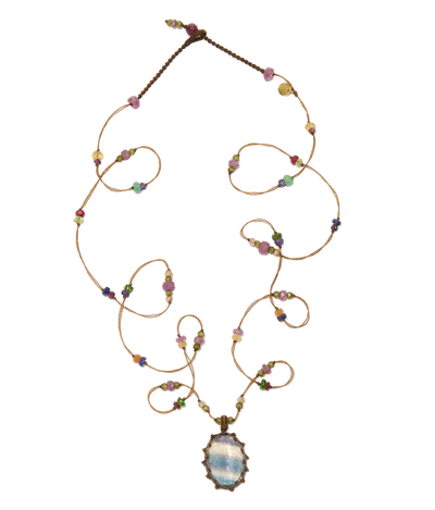 Sautoir Tibétain - Fluorite Rainbow - Mix multi Pierres - Fil Tabac