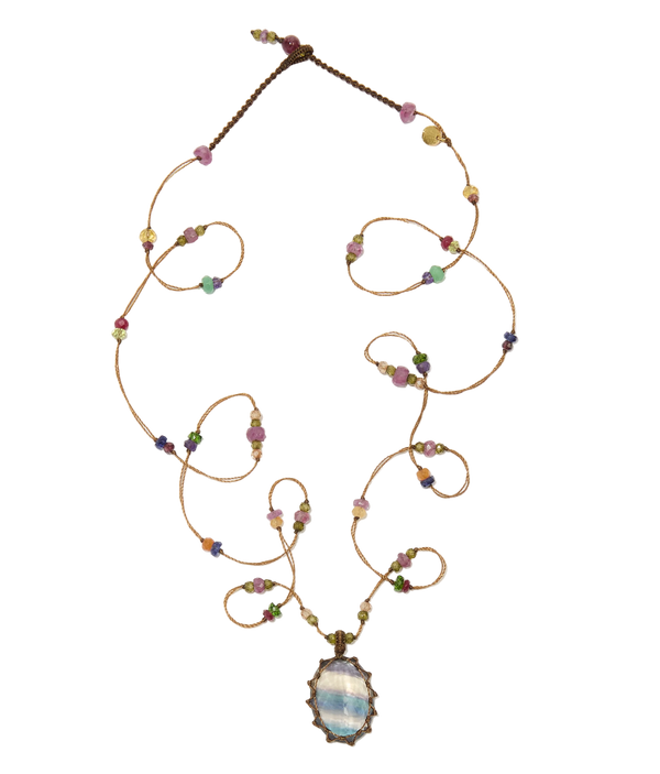 Sautoir Tibétain - Fluorite Rainbow - Mix multi Pierres - Fil Tabac