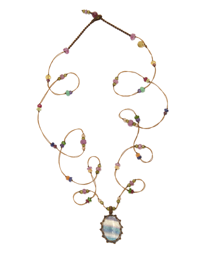 Sautoir Tibétain - Fluorite Rainbow - Mix multi Pierres - Fil Tabac