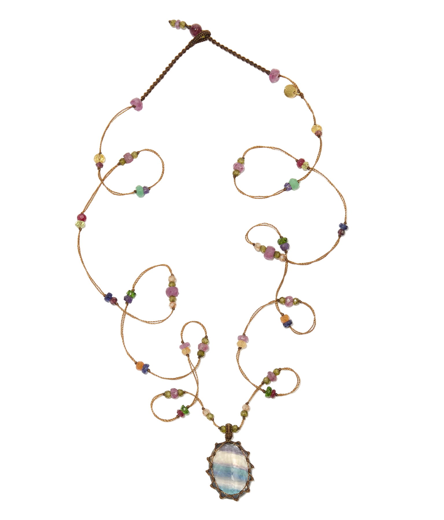 Sautoir Tibétain - Fluorite Rainbow - Mix multi Pierres - Fil Tabac