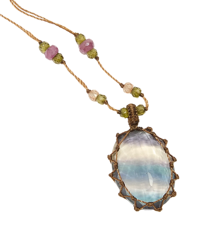 Sautoir Tibétain - Fluorite Rainbow - Mix multi Pierres - Fil Tabac