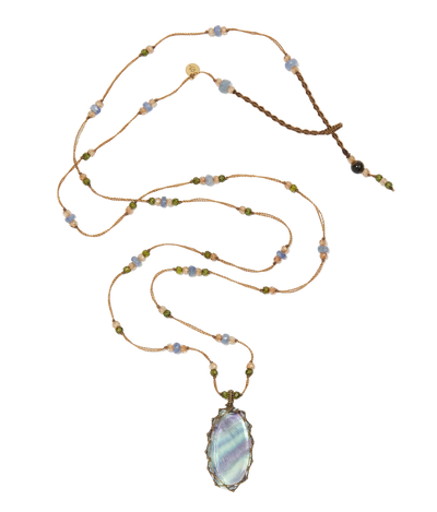 Tibetan Sautoir Necklace - Rainbow Fluorite - Sapphire Mix - Tobacco Thread
