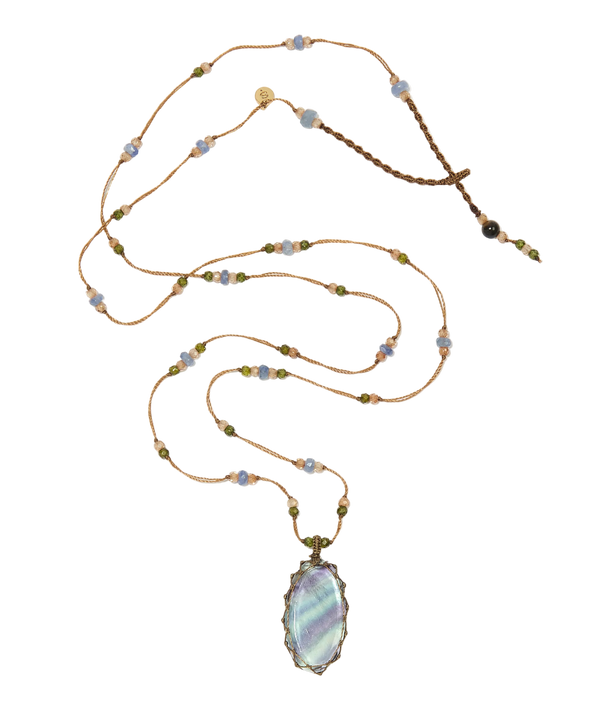 Sautoir Tibétain - Fluorite Rainbow - Mix Saphir - Fil Tabac
