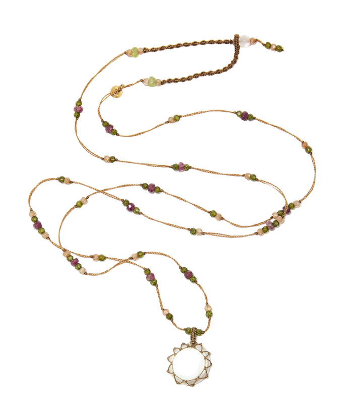 Collier court tibétain - Perle - Mix Tourmaline Rose - Fil Tabac
