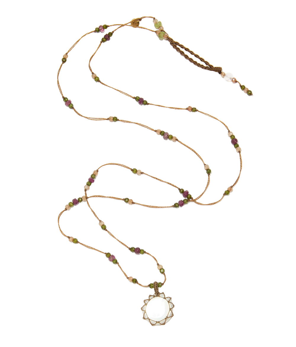 Sautoir Tibétain - Perle - Mix Tourmaline Rose - Fil Tabac
