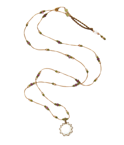 Sautoir Tibétain - Perle - Mix Tourmaline Rose - Fil Tabac