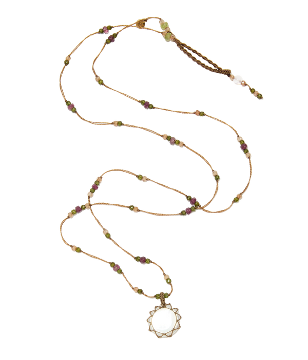 Collier court tibétain - Perle - Mix Tourmaline Rose - Fil Tabac
