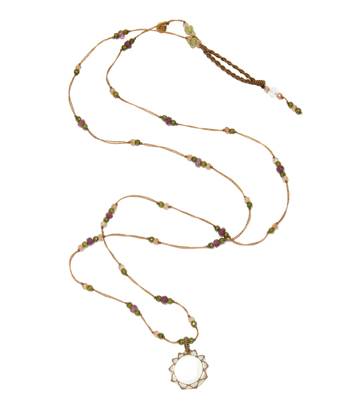 Collier court tibétain - Perle - Mix Tourmaline Rose - Fil Tabac