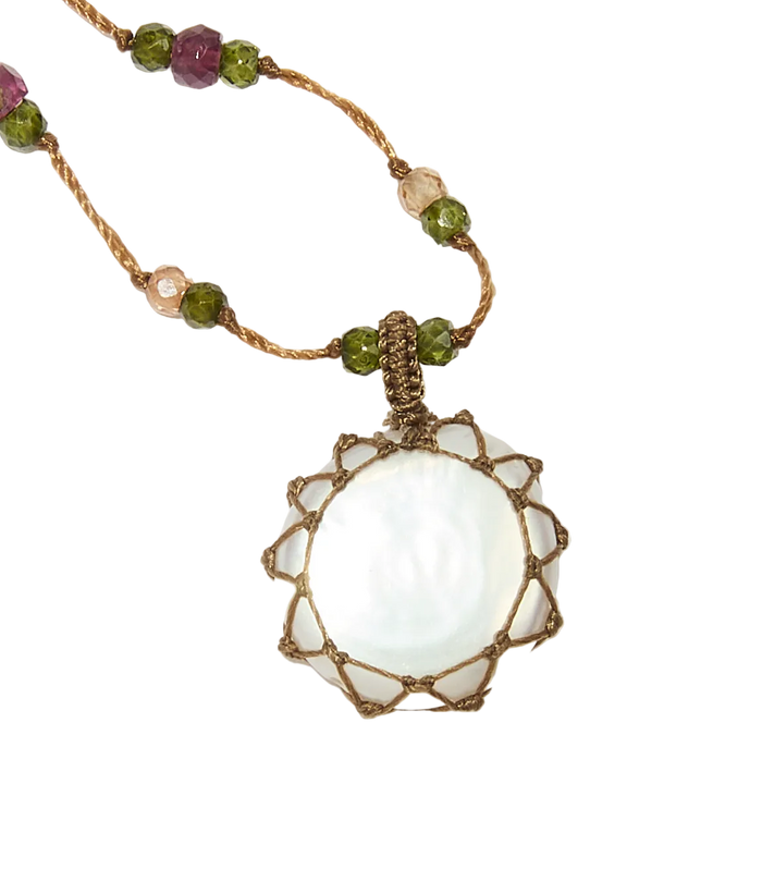 Collier court tibétain - Perle - Mix Tourmaline Rose - Fil Tabac