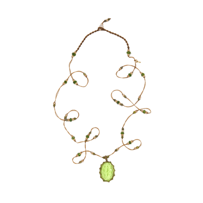 Collana Corto Tibetano - Vetro Indiano Peridot - Mix Tormalina Rosa - Filo Tabacco