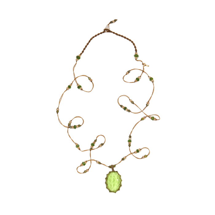 Short Tibetan Necklace - Indian Glass Peridot - Rose Tourmaline Mix - Tobacco Thread