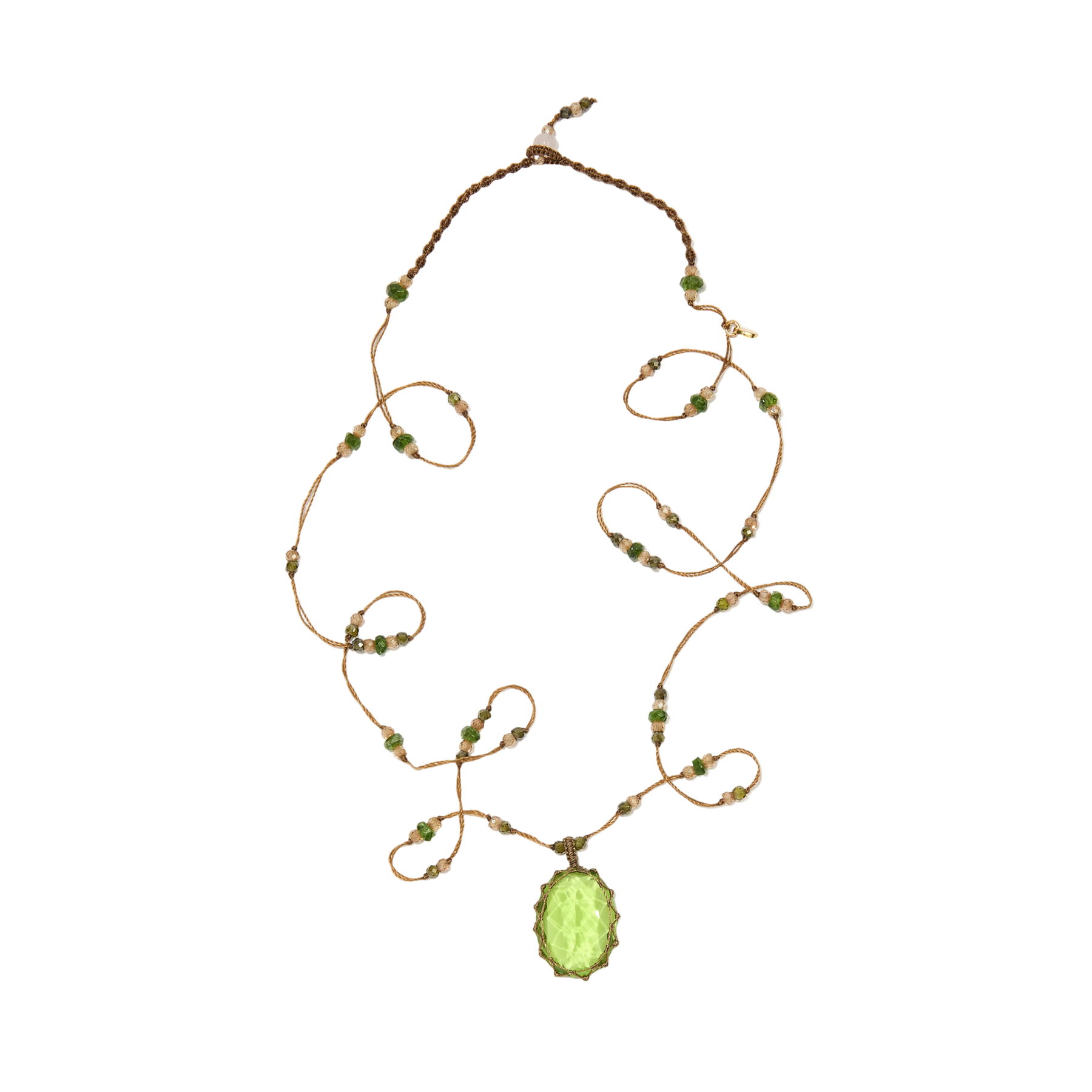 Short Tibetan Necklace - Indian Glass Peridot - Rose Tourmaline Mix - Tobacco Thread