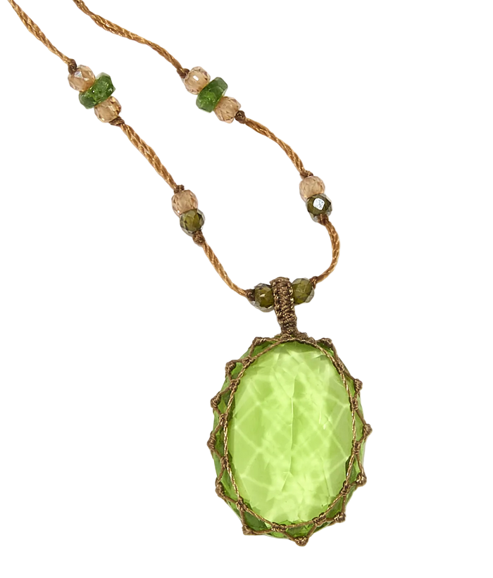 Short Tibetan Necklace - Indian Glass Peridot - Rose Tourmaline Mix - Tobacco Thread