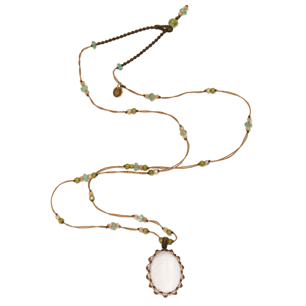 Collier court tibétain - Quartz Rose - Mix Aigue-marine - Fil Tabac