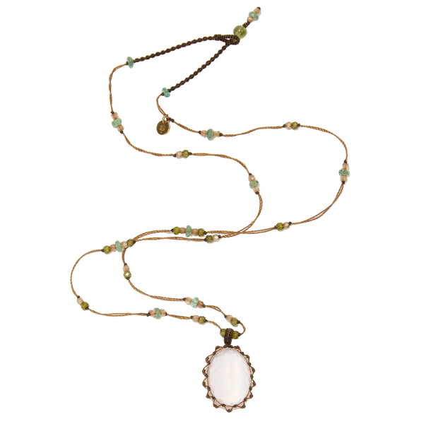 Collier court tibétain - Quartz Rose - Mix Aigue-marine - Fil Tabac