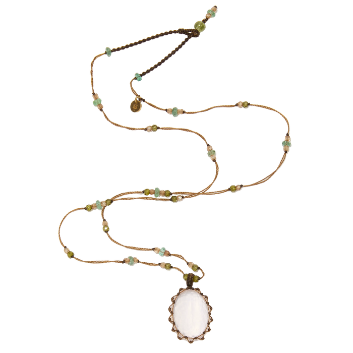 Collier court tibétain - Quartz Rose - Mix Aigue-marine - Fil Tabac