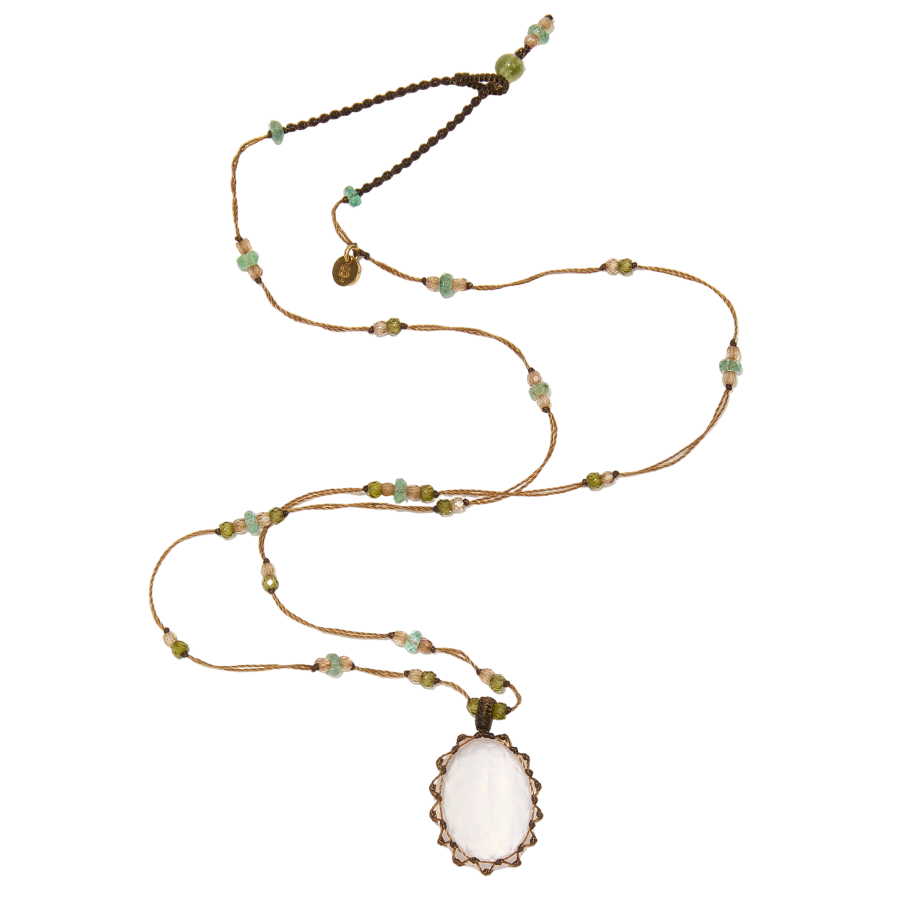 Collier court tibétain - Quartz Rose - Mix Aigue-marine - Fil Tabac