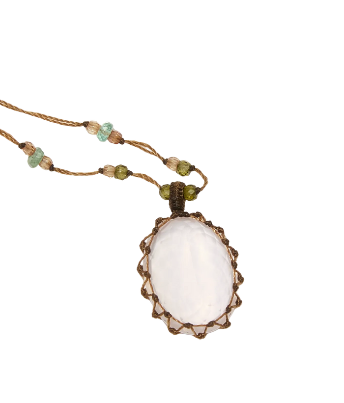 Collier court tibétain - Quartz Rose - Mix Aigue-marine - Fil Tabac