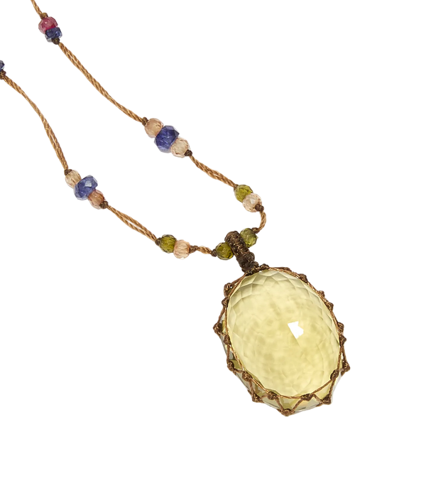Sautoir Tibétain - Olive Quartz - Mix multi Pierres - Fil Tabac