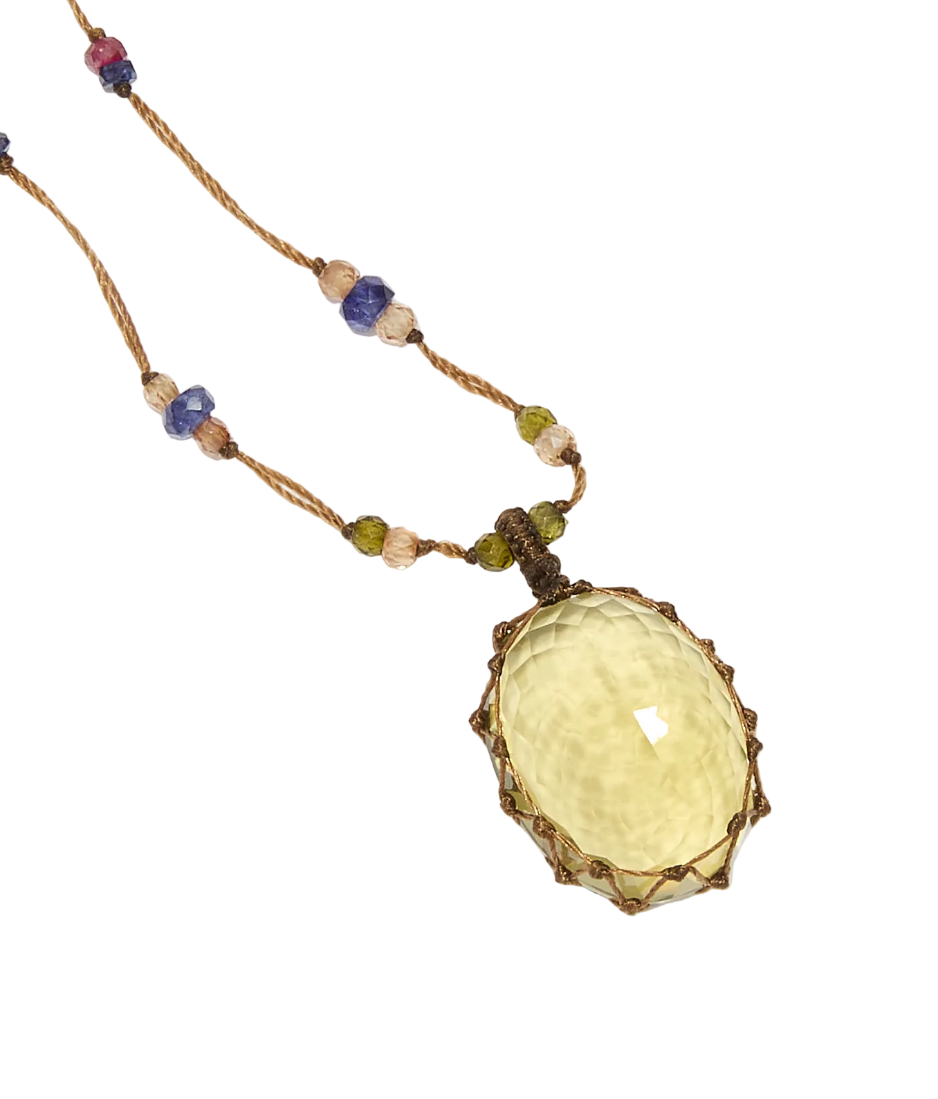 Sautoir Tibétain - Olive Quartz - Mix multi Pierres - Fil Tabac