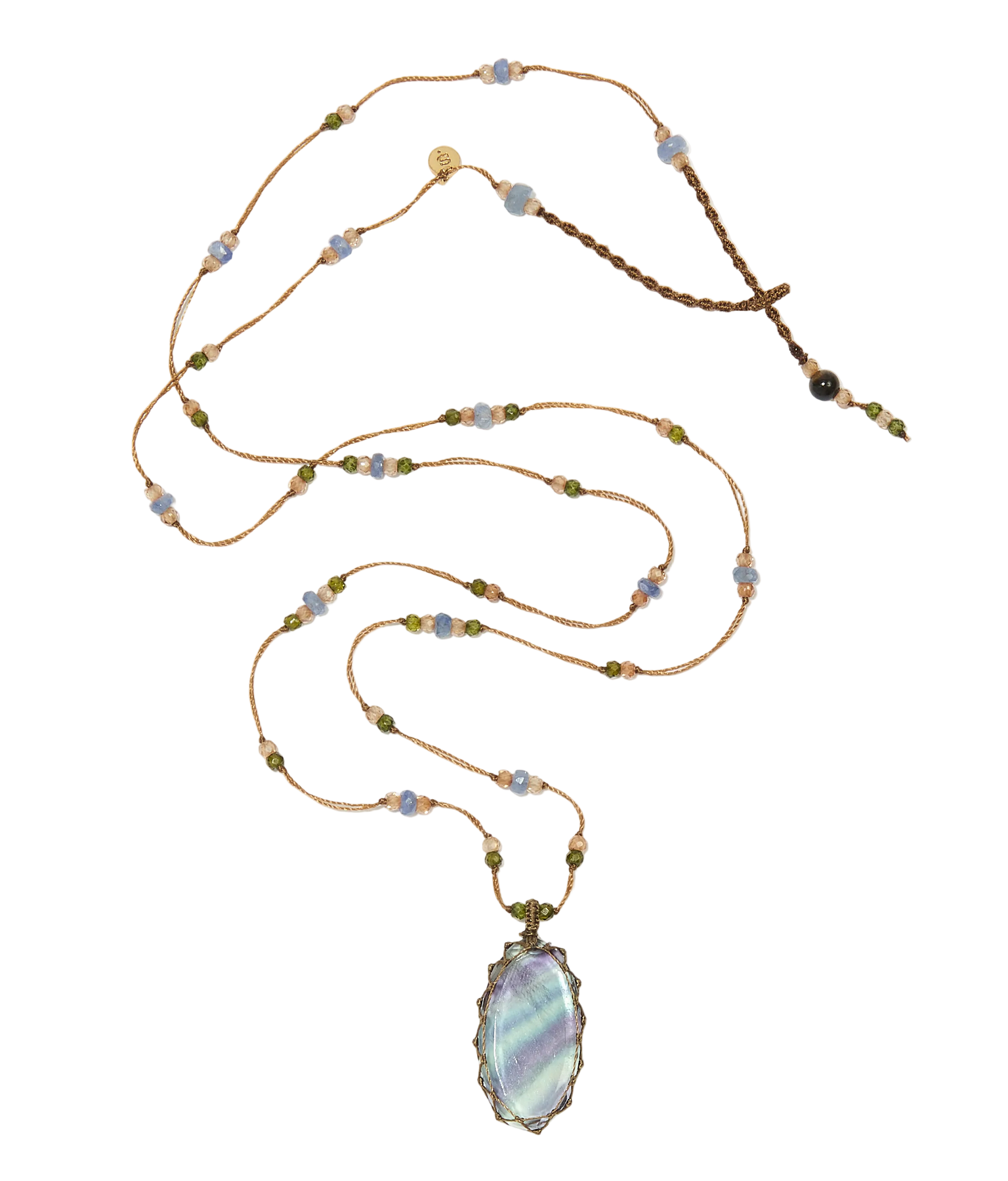 Sautoir Tibétain - Fluorite Rainbow - Mix Saphir - Fil Tabac
