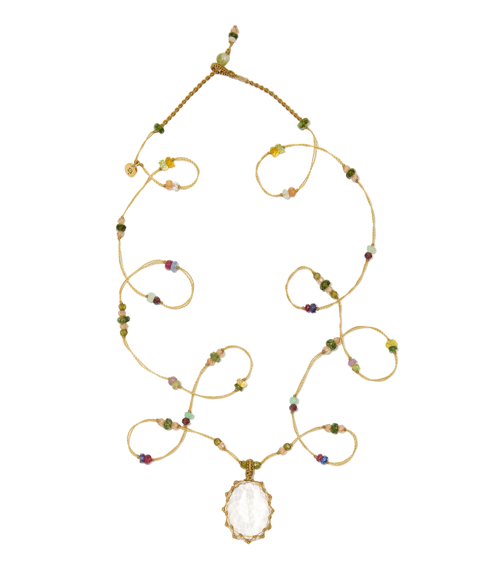 Sautoir Tibétain - Quartz Rose - Mix multi Pierres - Fil Beige