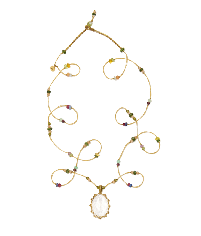 Sautoir Tibétain - Quartz Rose - Mix multi Pierres - Fil Beige