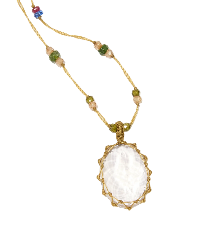 Sautoir Tibétain - Quartz Rose - Mix multi Pierres - Fil Beige