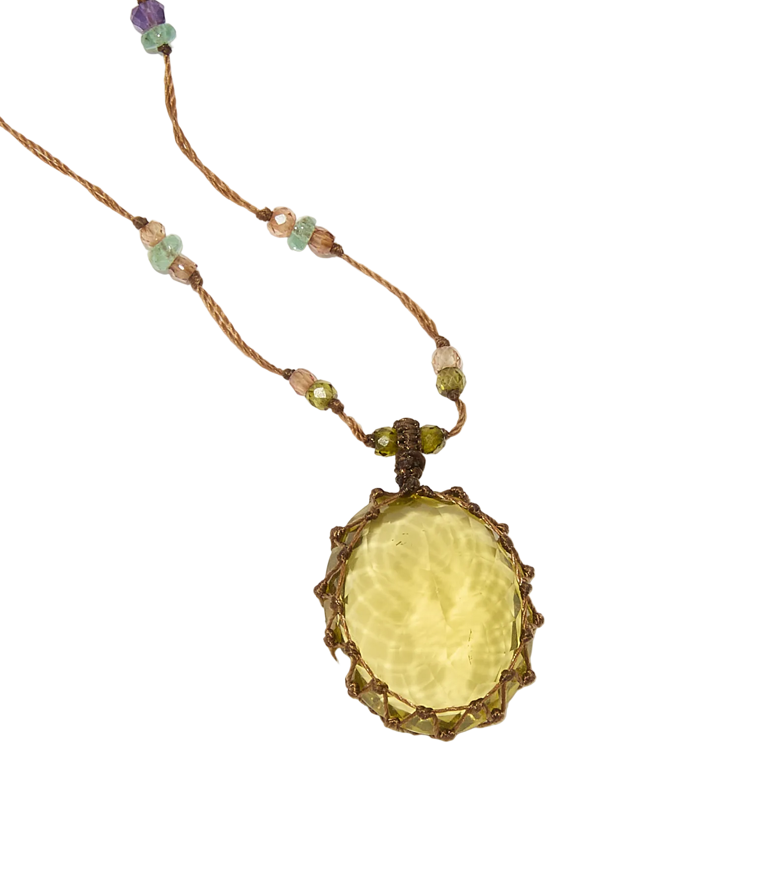 Sautoir Tibétain - Quarz Olive - Mix Multi Steine - Beiger Faden