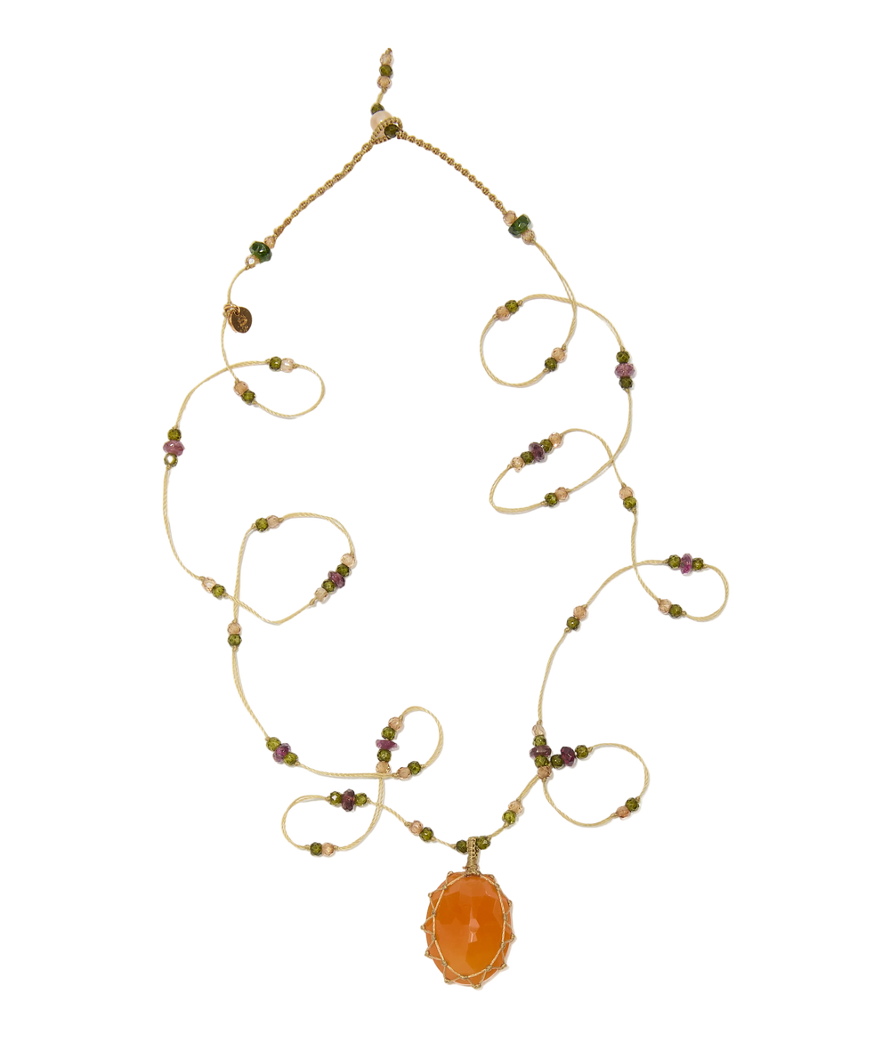 Sautoir Tibétain - Cornaline - Mix Tourmaline Rose - Fil Beige
