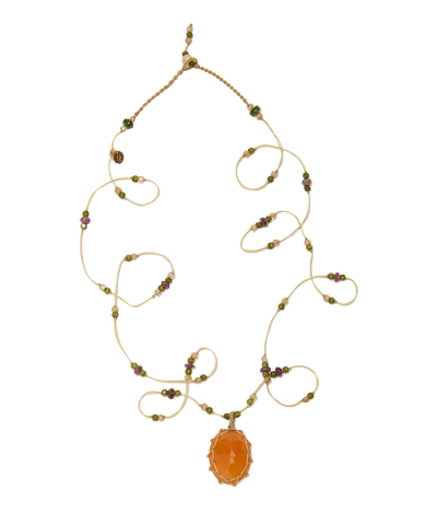 Sautoir Tibétain - Cornaline - Mix Tourmaline Rose - Fil Beige