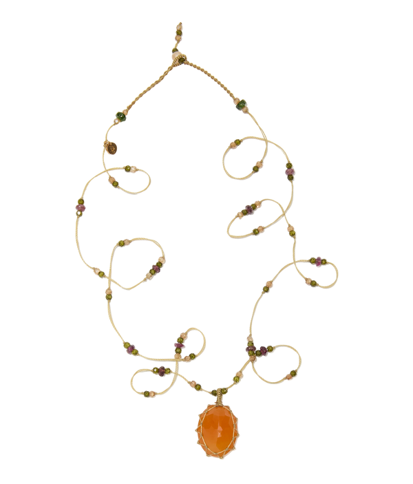 Sautoir Tibétain - Cornaline - Mix Tourmaline Rose - Fil Beige