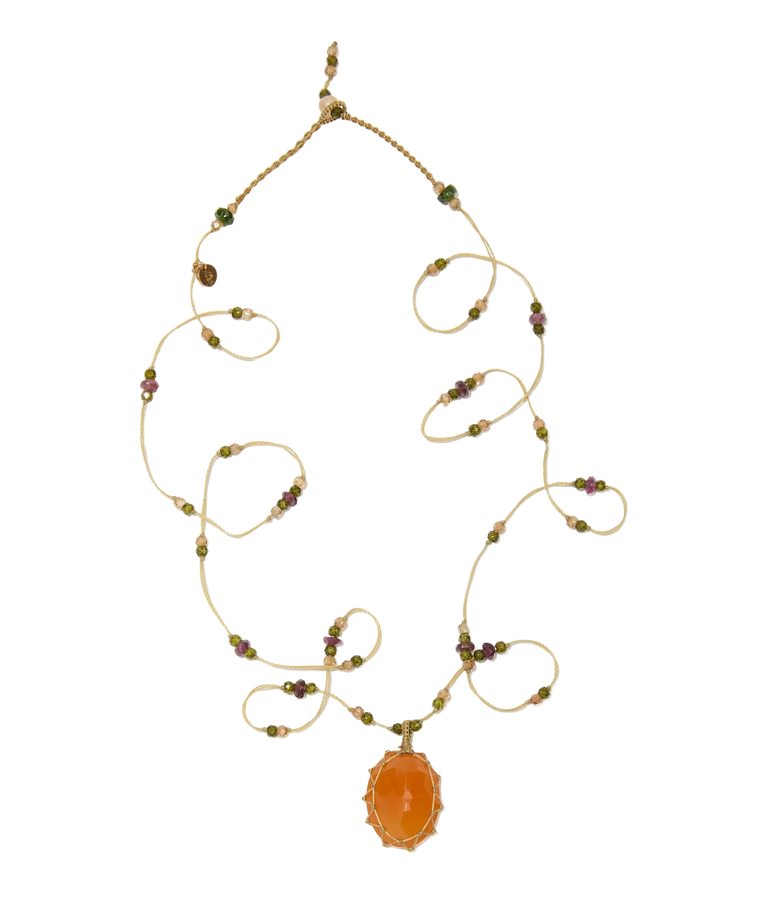Sautoir Tibétain - Cornaline - Mix Tourmaline Rose - Fil Beige
