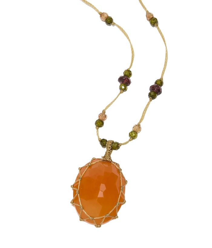 Sautoir Tibétain - Cornaline - Mix Tourmaline Rose - Fil Beige