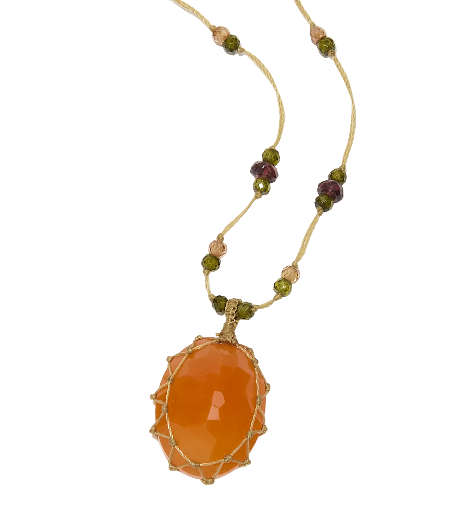 Sautoir Tibétain - Cornaline - Mix Tourmaline Rose - Fil Beige