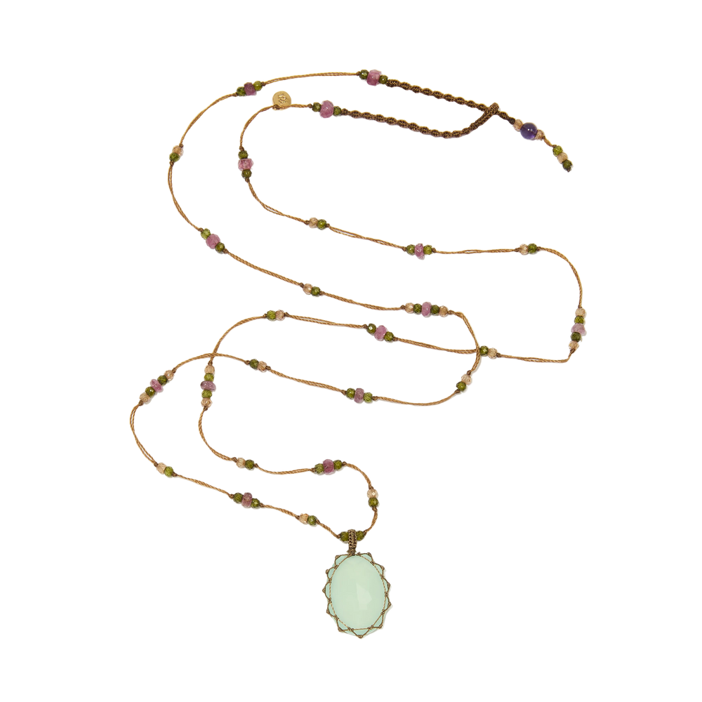 Sautoir tibétain - Calcédoine bleue - Mix Tourmaline - Fil Tabac