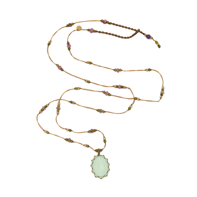 Sautoir tibétain - Calcédoine bleue - Mix Tourmaline - Fil Beige