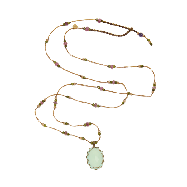 Sautoir tibétain - Calcédoine bleue - Mix Tourmaline - Fil Beige