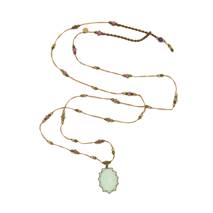 Sautoir tibétain - Calcédoine bleue - Mix Tourmaline - Fil Beige